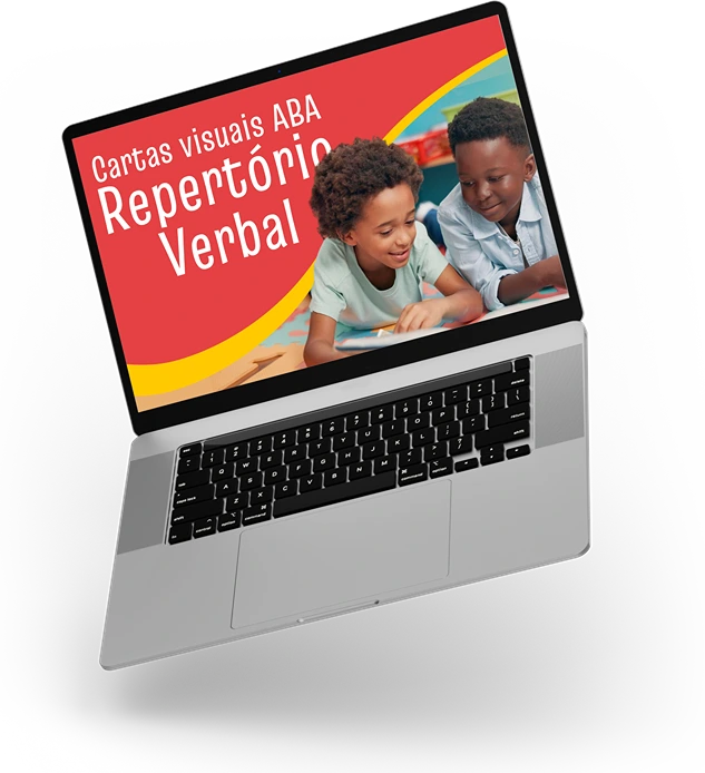 Imagem ilustrando um computador laptop aberto com um material didático sobre ABA disponível para download, representando os materiais gratuitos da Stimulus ABA voltados ao desenvolvimento da linguagem e da aprendizagem infantil.