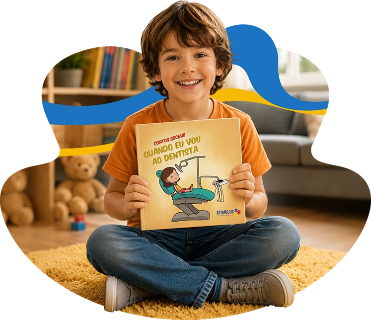 Imagem ilustrando uma criança sorrindo enquanto segura um livro de Contos Sociais da Stimulus ABA, apresentando um material educativo desenvolvido para apoiar o aprendizado de situações do cotidiano e a compreensão de comportamentos sociais.